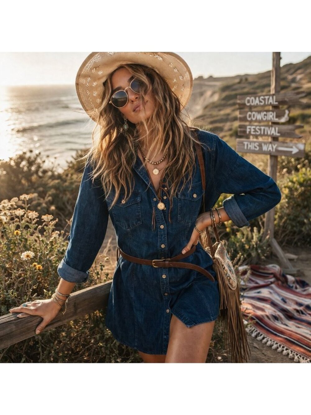 Lovestitch Denim Shirt Dress Belted Boho Western Festival Mini - Picture 1 of 14